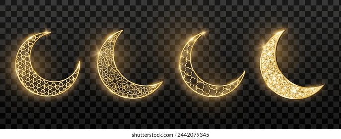 Golden crescent symbols isolated. Moon shape. Traditional islamic decoration for Ramadan or Al-Adha. Arabiс geometric pattern, shiny glitter. Transparent background can be removed in vector file.