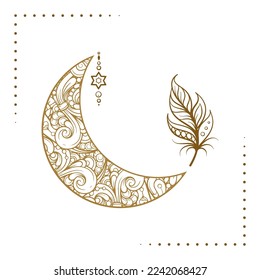 Golden cresent moon and boho feather temporary tattoo. Ethnic style vector graphic.