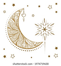 Golden cresent moon illustration. Ethnic style vector graphic.