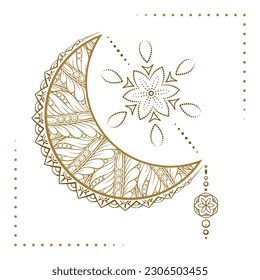 Golden cresent moon illustration. Ethnic style vector graphic.