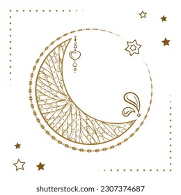 Golden cresent moon illustration. Ethnic style vector graphic.