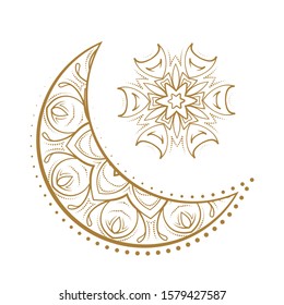 Golden cresent moon and star temporary tattoo. Ethnic style vector graphic.