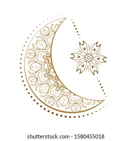 Golden Cresent Moon And Star Temporary Tattoo. Ethnic Style Vector Graphic.