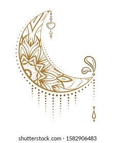 Golden Cresent Moon And Star Temporary Tattoo. Ethnic Style Vector Graphic.