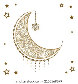 Golden Cresent Moon And Stars Temporary Tattoo. Ethnic Style Vector Graphic.