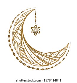 Golden cresent moon temporary tattoo. Ethnic style vector graphic.