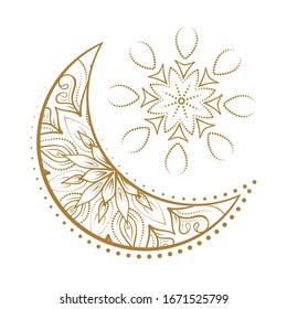 Golden cresent moon temporary tattoo. Ethnic style vector graphic.