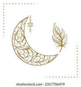 Golden cresent moon temporary tattoo. Ethnic style vector graphic.