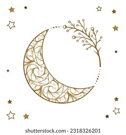 Golden cresent moon temporary tattoo. Ethnic style vector graphic.