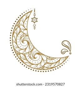 Golden cresent moon temporary tattoo. Ethnic style vector graphic.