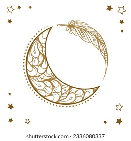 Golden cresent moon temporary tattoo. Ethnic style vector graphic.