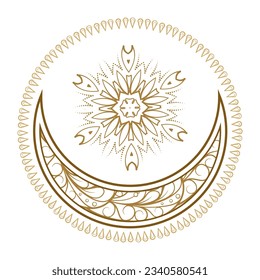 Golden cresent moon temporary tattoo. Ethnic style vector graphic.