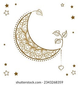 Golden cresent moon temporary tattoo. Ethnic style vector graphic.