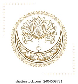 Golden cresent moon temporary tattoo. Ethnic style vector graphic.