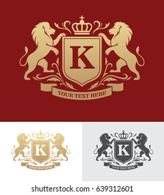 Golden Crest Design With Rampant Lions. Heraldic Logo Template. Luxury Design Concept.