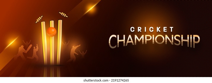 Golden Cricket Championship Text,  Banner or Header Design With Winning Trophy, 3D Red Ball, and Shiny Silhouette of Batters and Bowlers on Shiny Brown Colour Background.