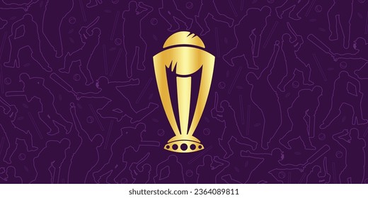 Golden Cricket World Cup Trophy with players outline vector illustration. web banner, poster, card background, wallpaper design