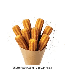 Golden, crispy churros dusted with cinnamon sugar, arranged in a neat stack