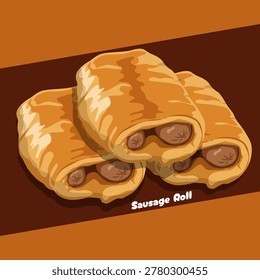 The golden crispy layers of a sausage roll, a vibrant digital illustration featuring three handmade sausage-filled pastries stacked on a brown background. Sausage Roll Day, June 5th