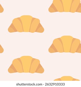 Golden Croissant Pattern: Seamless Vector Pastry Repeat. A repeating pattern of perfectly golden-baked croissants on a soft pink background, ideal for bakery or breakfast designs.