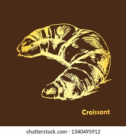 Golden Croissant. Vector sketches hand drawn illustration. Retro style images. Perfect for flyer design, booklets, advertising.