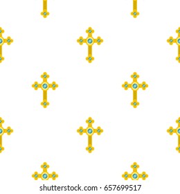 Golden cross with diamonds pattern seamless background in flat style repeat vector illustration