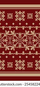 Golden Cross Embroidery on Burgundy Red Background. Classic Royal Luxurious Seamless Pattern Vector. Clover Leaves inspired by Nature Traditional Ethnic Style. Scroll Ornate Detailed Rich Hand Craft.