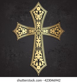 golden cross with floral ornaments  on grunge background/ vector illustration