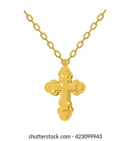 Golden cross necklace on chain of gold jewelry. crucifix Orthodox symbol of expensive jewelry. Christian and Catholic Accessory precious yellow metal. Fashionable Luxury treasure
