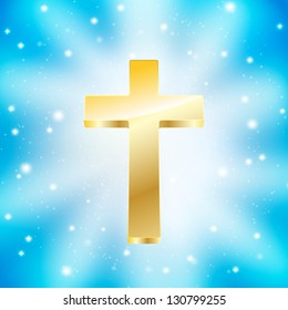 Golden cross on light rays blue background