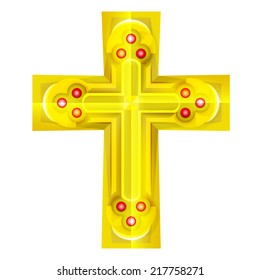 golden cross with red ruby object isolated vector illustration