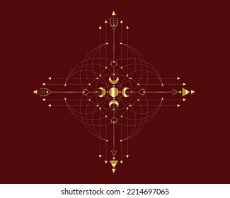 Golden Cross, Sacred Geometry, mystical arrows and crescent moon, gold dotted lines in boho style, wiccan icon, alchemy esoteric mystical magic talisman. Spiritual occultism vector isolated on red