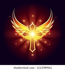 Golden Cross With Shining Wings On Black Background. Vector illustration.
