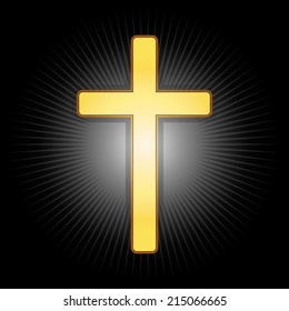 Golden cross, symbol of the Christian faith on a black glowing background. Vector illustration, eps 10.