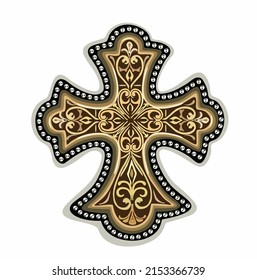 Golden cross vintage jewelry vector illustration isolated on white background.