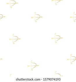 Golden crossbow with arrow seamless pattern. Valentines day backdrop