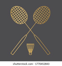 golden crossed badminton rackets and shuttlecock icon- vector illustration
