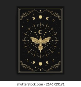 Golden crow mystical bird in engraving, hand drawn, luxury, esoteric, boho style, fit for spiritualist, religious, paranormal, tarot reader, astrologer or tattoo