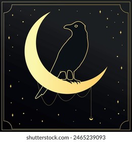 Golden crow sitting on a crescent emblem. Mystery, astrology, esoteric. Vector illustration