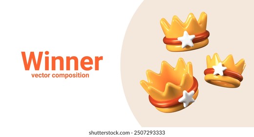 Golden crown in 3D cartoon style. Game award with star. Royal decoration, regalia