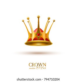 Golden crown 3d royal prince queen monarch king emperor tsar symbol realistic vector luxury VIP jewelry, emerald gemstone. Isolated illustration white background. Success, autocracy leadership emblem