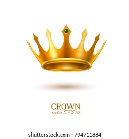Golden crown 3d royal prince queen monarch king emperor tsar symbol realistic vector luxury VIP jewelry, emerald gemstone. Isolated illustration white background. Success, autocracy leadership emblem