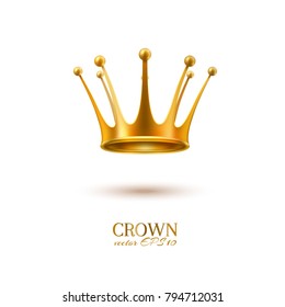 Golden crown 3d royal prince queen monarch king emperor tsar symbol realistic vector luxury VIP jewelry. Isolated illustration white background. Success, authority autocracy business leadership emblem