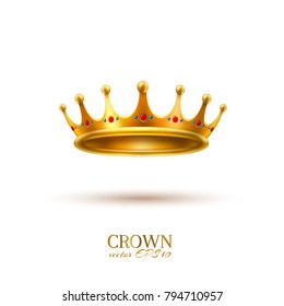 Golden crown 3d royal queen monarch king emperor tsar symbol realistic vector luxury VIP jewelry ruby, sapphire. Isolated illustration white background. Success, authority business leadership emblem