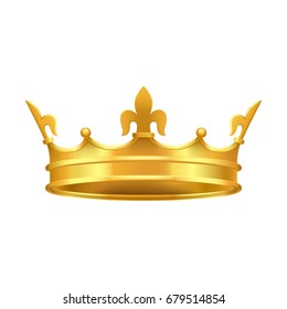 Golden crown close-up isolated on white. King greatness subject decorated with luxury ornaments vector illustration in flat style