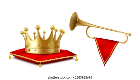 Golden crown and copper fanfare set isolated on white background. Royal golden crowning headdress with gems on red velvet pillow and heralding trumpet with ribbon. Realistic 3d vector illustration.
