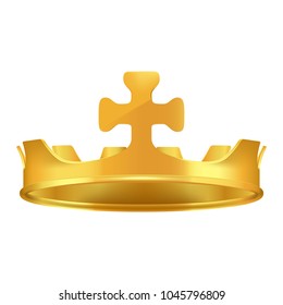 Golden crown with cross 3d icon. Shiny kings crown from precious metal realistic vector isolated on white. Monarchical power symbol illustration