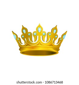 Golden crown decorated with blue gemstones. Gorgeous headdress of king or prince. Realistic vector design