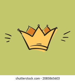 Golden crown doodle isolated simple drawing on green background, Monarchy symbol cartoon card design vector illustration