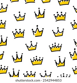 Golden crown doodle seamless pattern background. Crown motif fabric for print, background, backdrop. Vector illustration